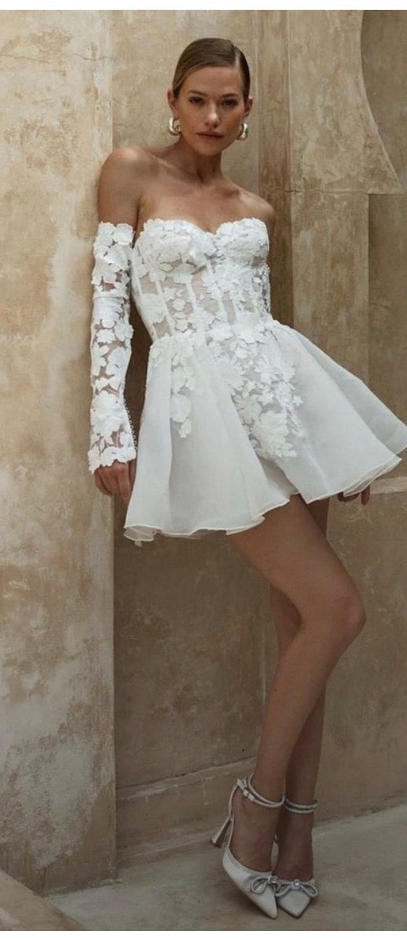 Colette floral lace bridal mini dress with detachable sleeves styling view