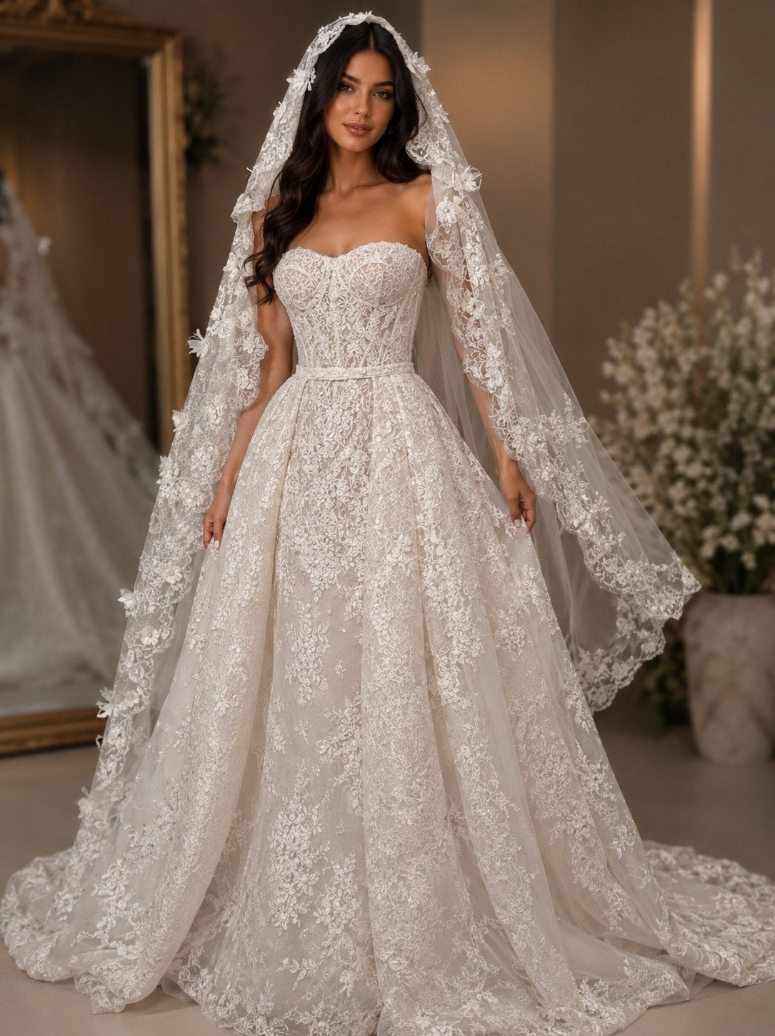 Éloise 3-in-1 couture wedding gown with detachable overskirt and lace veil