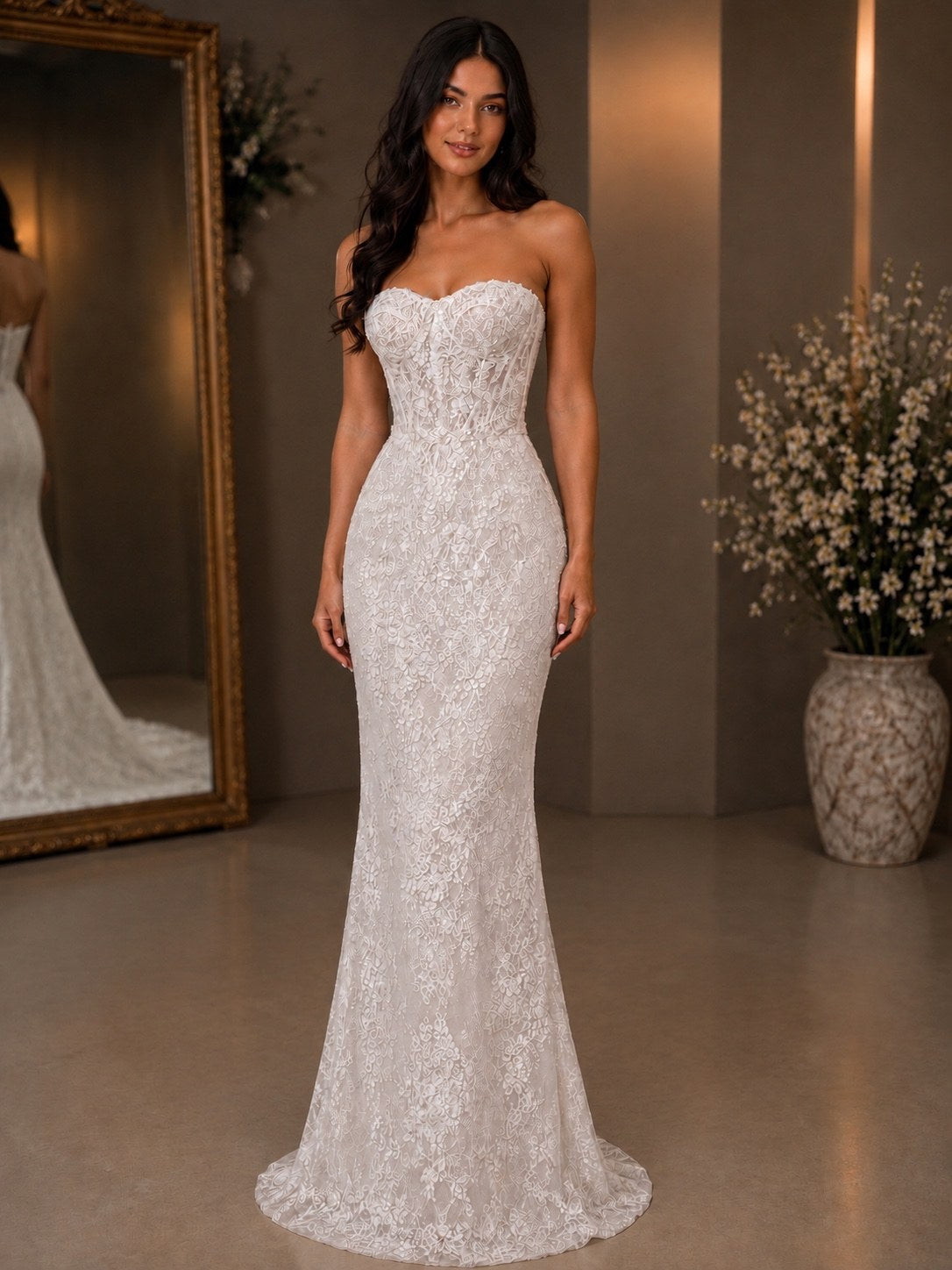 Éloise French lace sheath wedding gown without the overskirt