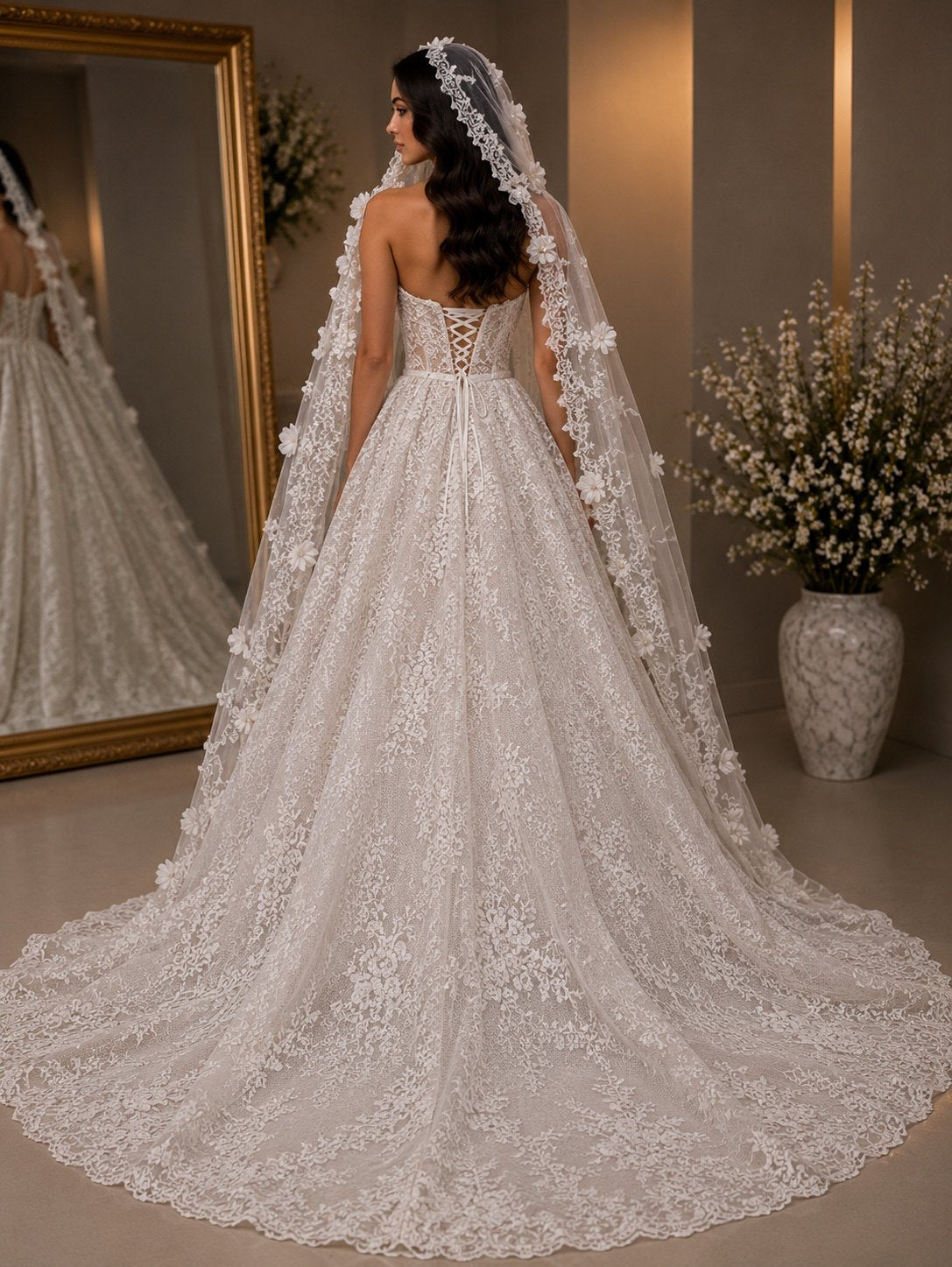 Éloise wedding gown back view with lace veil and sweeping train
