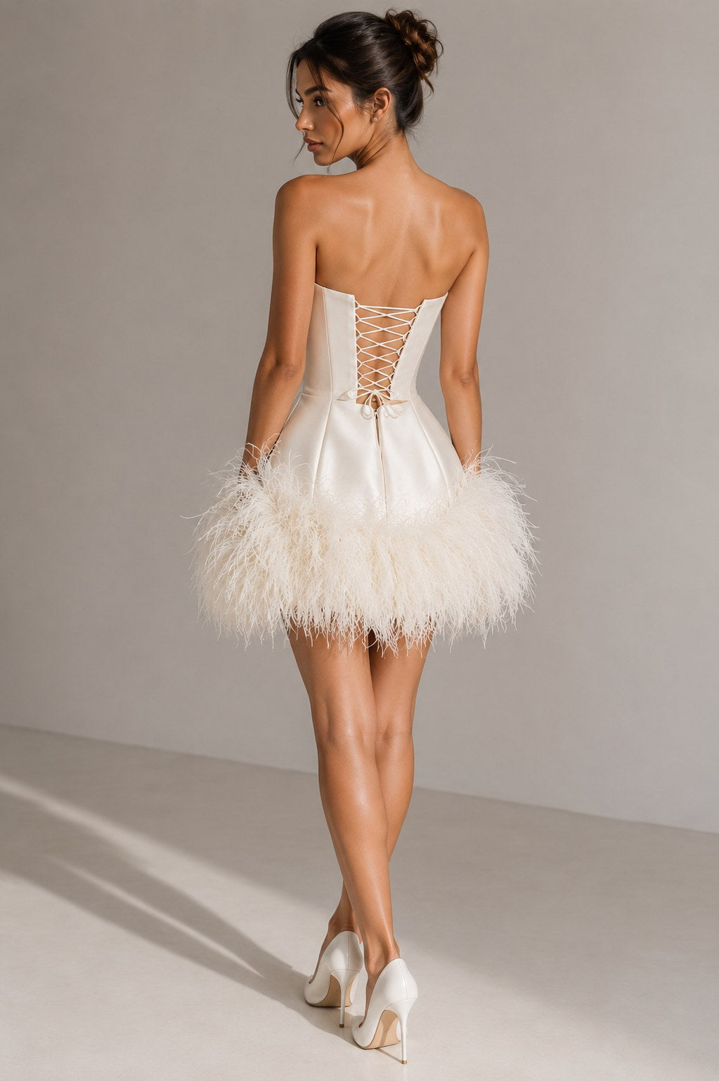 Halle ivory satin feather bridal mini dress lace-up corset back