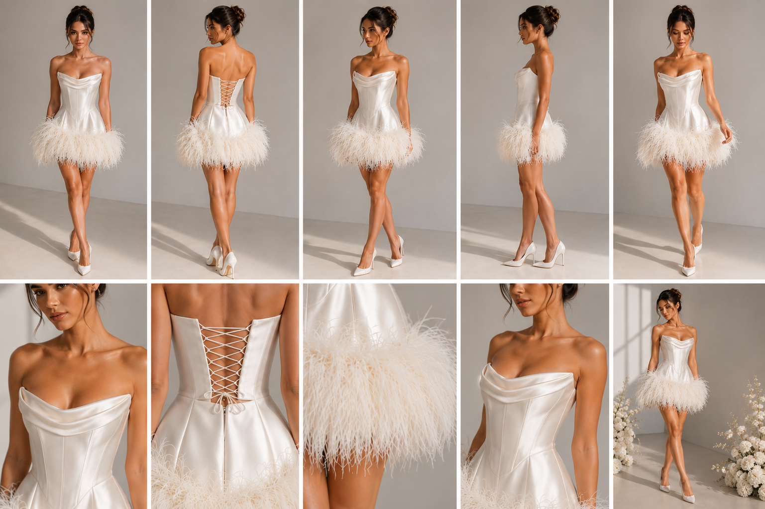 Halle ivory satin feather bridal mini dress detail collage