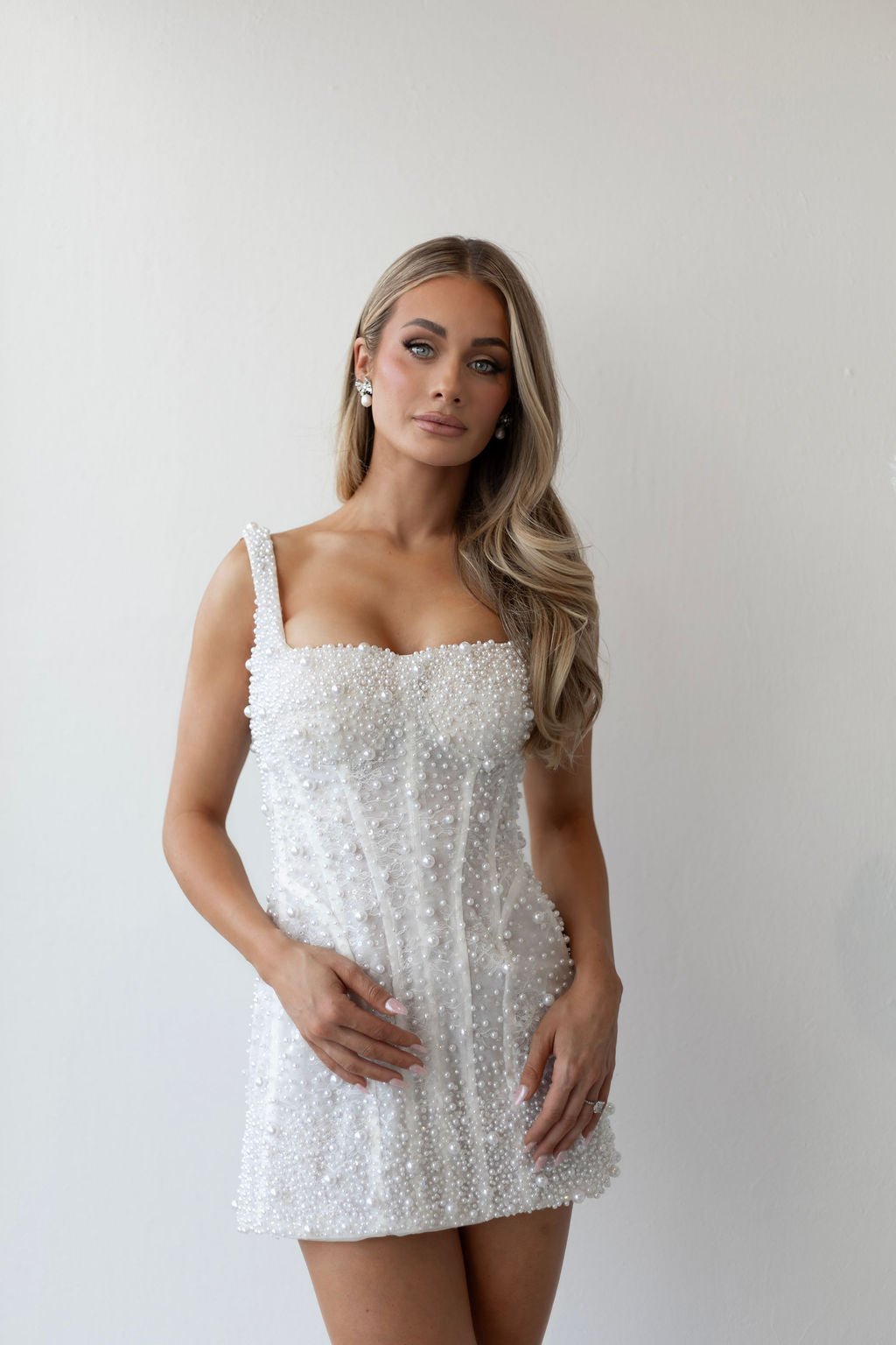 Pearl bridal mini dress front full view