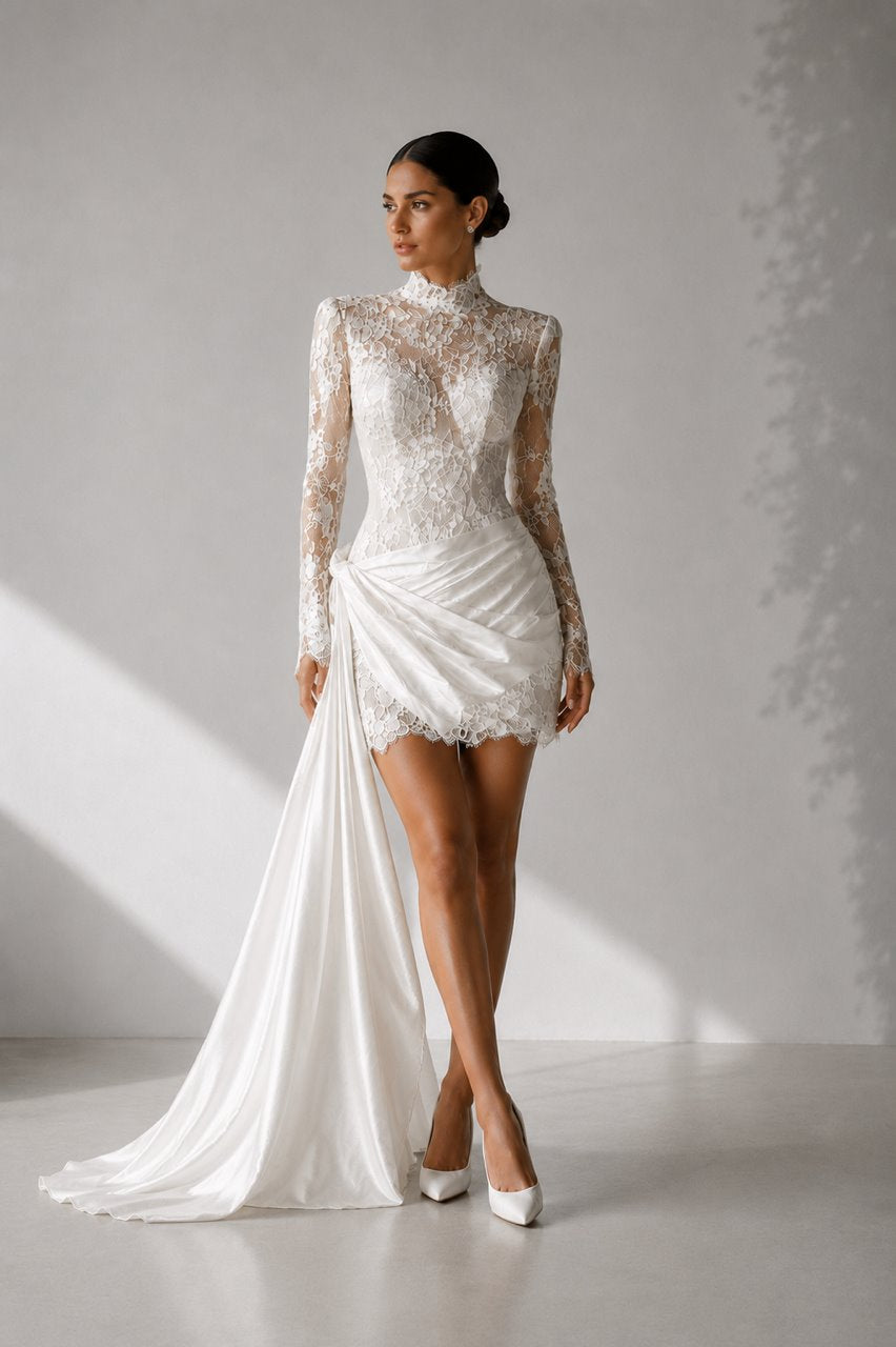 Serena long sleeve lace bridal mini dress with detachable train